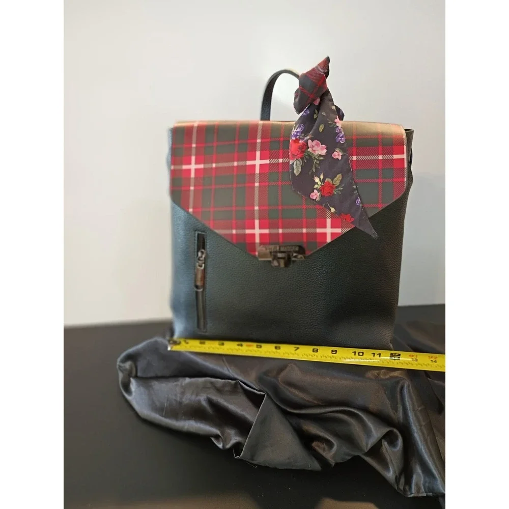 Steve Madden Black Pebbled Plaid Flap Backpack with‎ Floral Scarf Accent